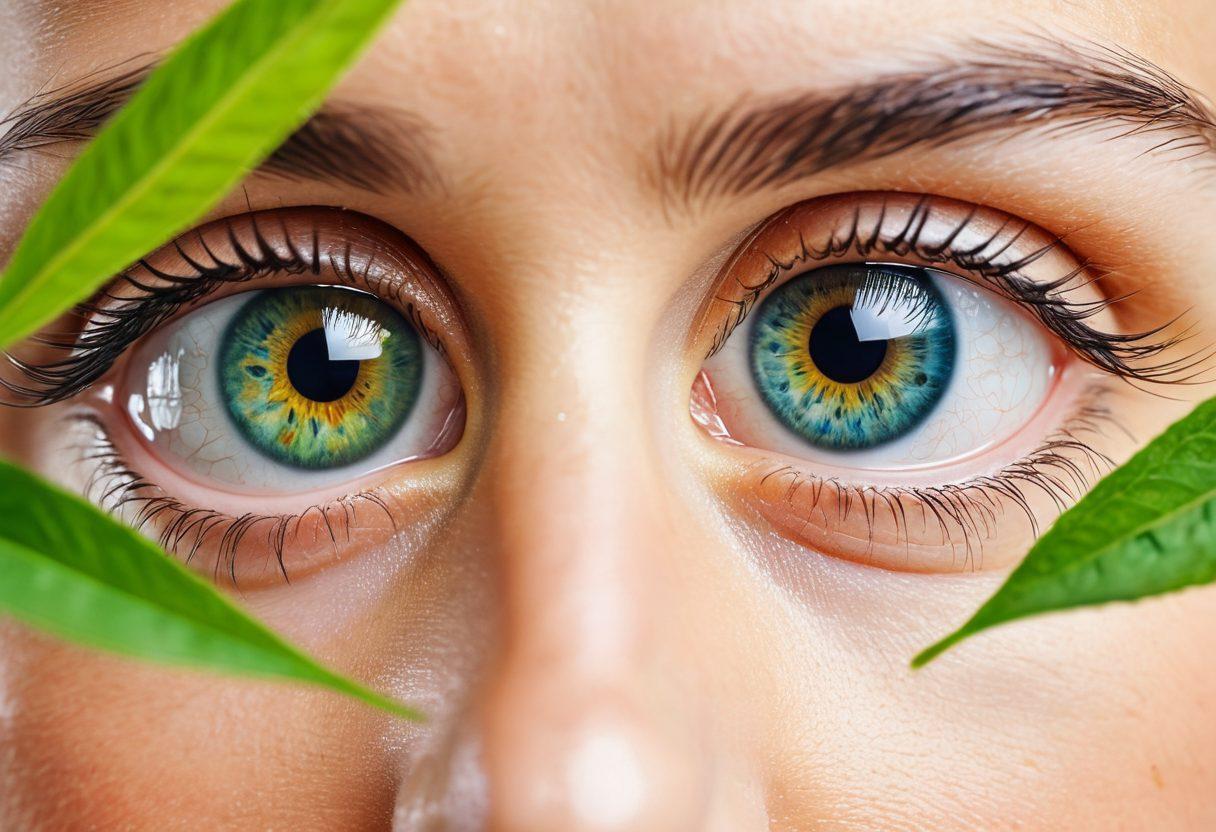 A close-up of a pair of human eyes with vibrant colors, showcasing clarity and health, surrounded by various eye care elements such as eyeglasses, eye drops, and a healthy lifestyle infographic. Include soothing elements like green leaves symbolizing nature and wellness. This composition should evoke a sense of vitality and care. super-realistic. vibrant colors. white background.