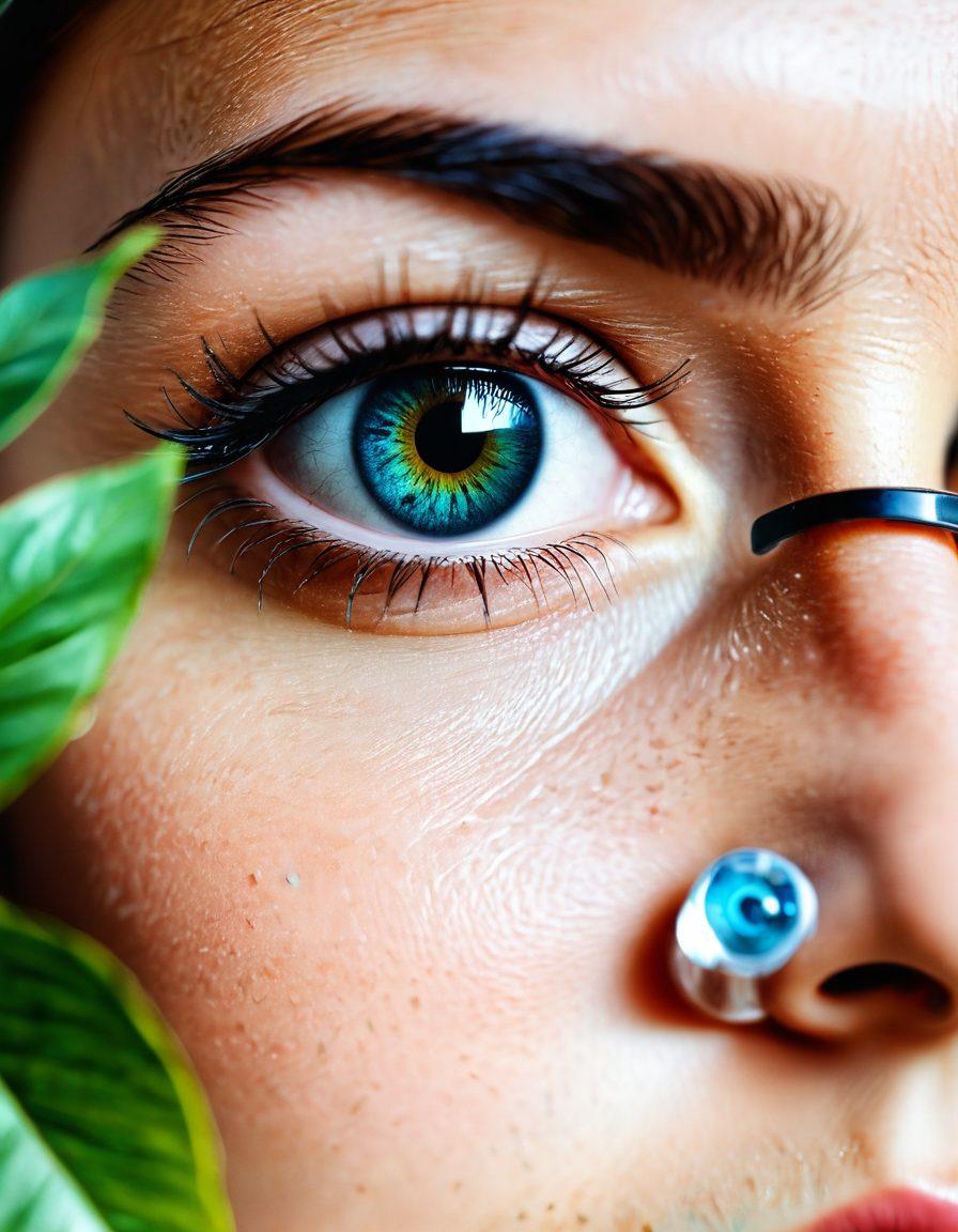 A close-up of a pair of vibrant, healthy eyes surrounded by essential eye care items like glasses, eye drops, and a leafy plant symbolizing natural healing. A soft light shines on the eyes, with infographics about eye health subtly overlaying the image. The background features soothing blue and green tones to invoke calmness. super-realistic. vibrant colors. white background.