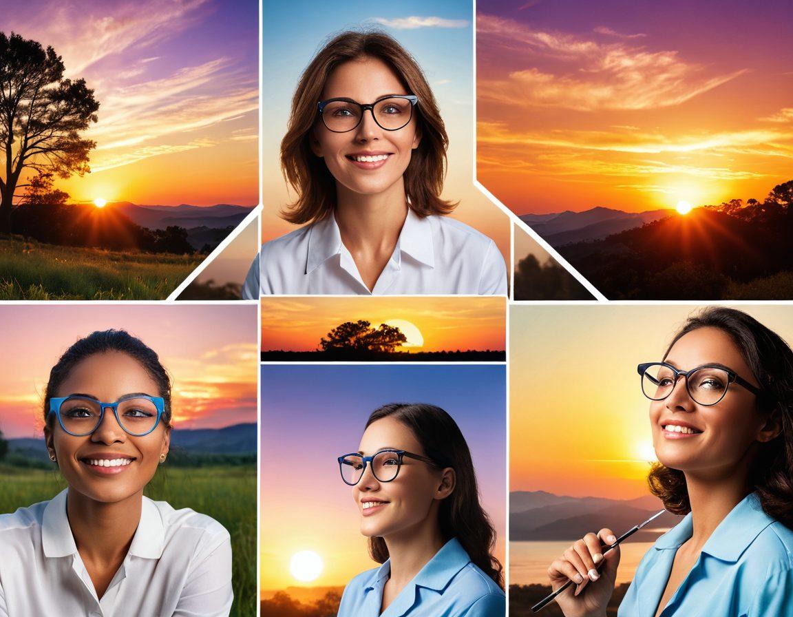 A collage depicting various vision therapies, including a person wearing stylish glasses, eye exercises being performed, and a serene outdoor setting promoting eye health. Incorporate elements like a vibrant sunset, a pair of glowing eyes symbolizing clarity, and tools for vision improvement scattered across the scene. Ensure the image feels hopeful and positive about the future of eye care. vibrant colors. super-realistic.